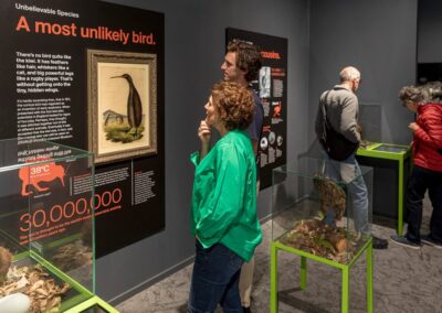 Voyage Nouvelle-Zélande en famille : Exposition sur le kiwi avec infographies et des visiteurs observant un spécimen d’oiseau dans un musée (Ecloserie nationale des Kiwis - Nouvelle-Zélande)