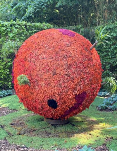 Séminaire exclusif en Touraine : kokedama vêtu de mousse orange-marron par l’artiste et réalisatrice Momoko Seto (festival international des jardins – Chaumont sur Loire)