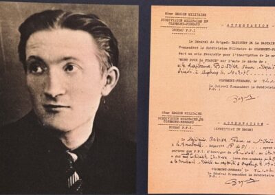 Visite hors des sentiers battus en Auvergne : Panneau commémoratif dédié à Pierre Boissier, mort pour la France, avec portrait en noir et blanc et attestations militaires de Clermont-Ferrand.
