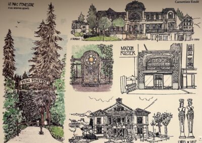 Escapade entre amis en Auvergne : Dessins au style carnet de voyage représentant des lieux emblématiques de La Bourboule, dont la Maison Rozier, le Casino et l'Hôtel de Ville.