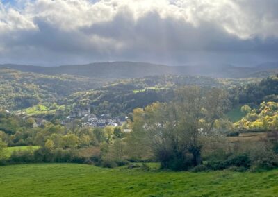 Voyage sur mesure en Auvergne : Vue panoramique sur le village de Saint-Nectaire, son église romane et les collines verdoyantes d'Auvergne.
